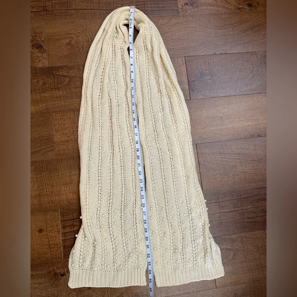Cream Knit Scarf Embellished w/ Faux Pearls